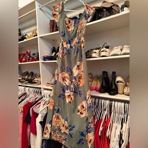 Floral Dress in Olive with Peach Blooms